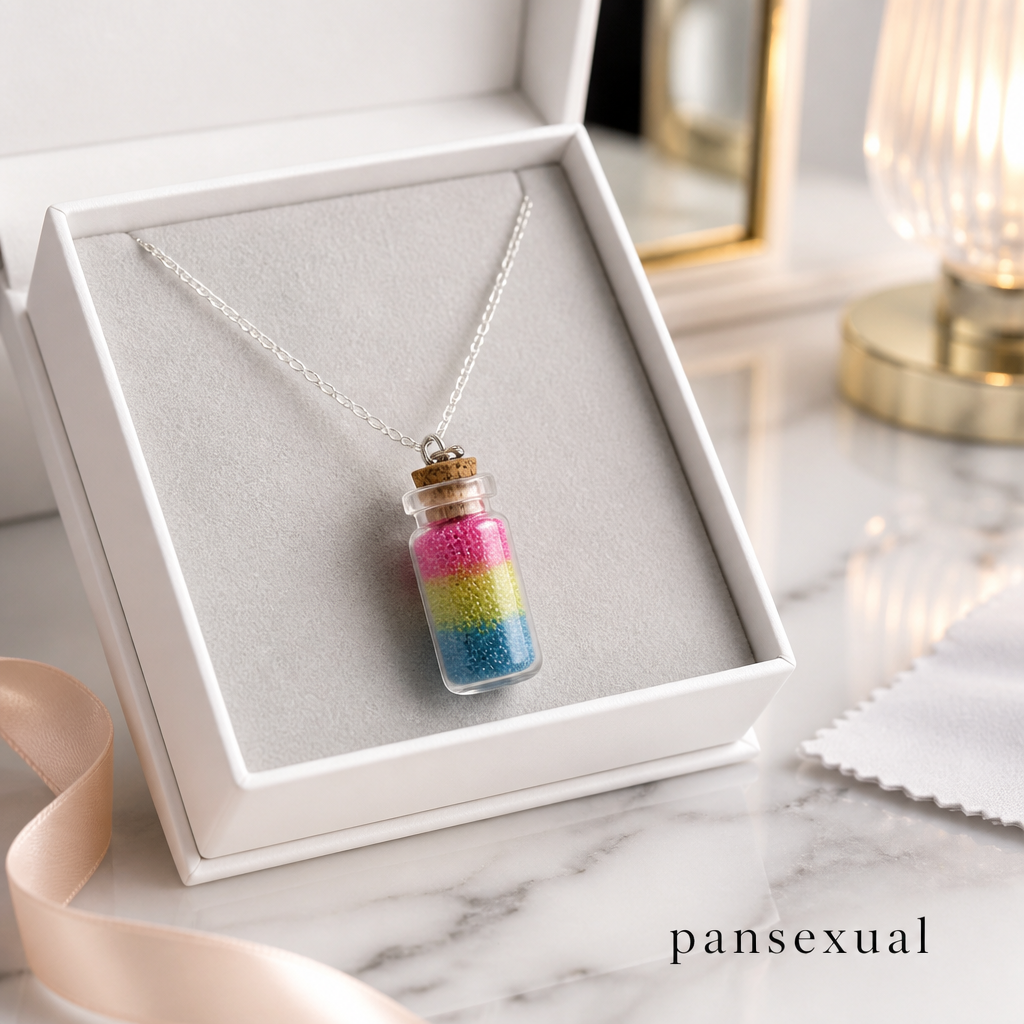 Pansexual pride bottle necklace with layered pink yellow and blue micro-beads inside glass vial pendant in a jewelry box