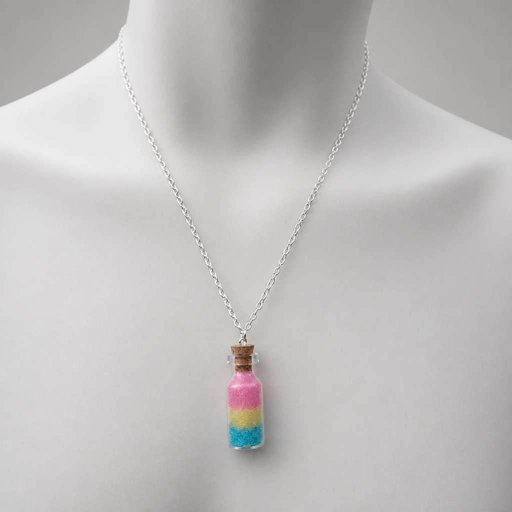 Pansexual Pride Bottle Necklace displayed on a neutral jewelry mannequin to show necklace size and length