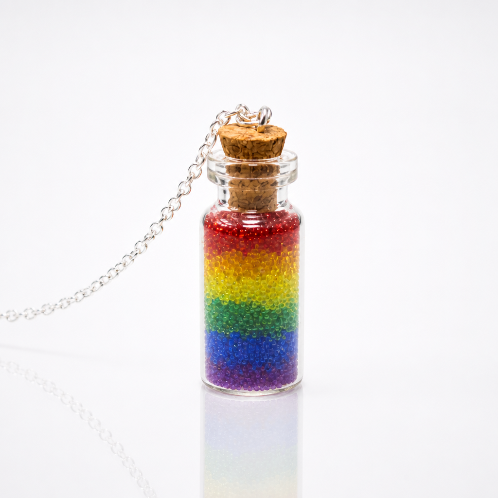 Rainbow pride bottle necklace with layered rainbow micro-beads inside tiny glass vial pendant