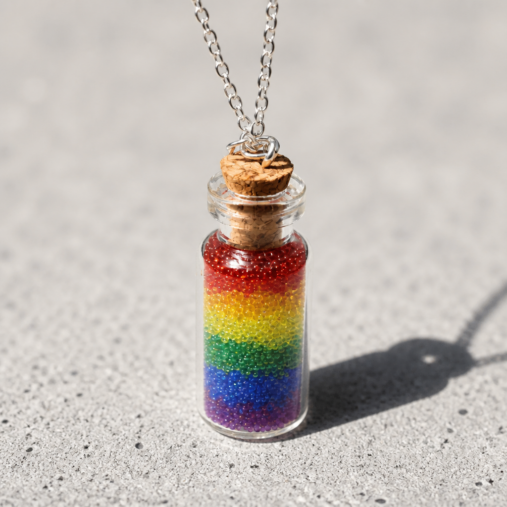 Rainbow pride bottle necklace with layered rainbow micro-beads inside tiny glass vial pendant on a concrete surface
