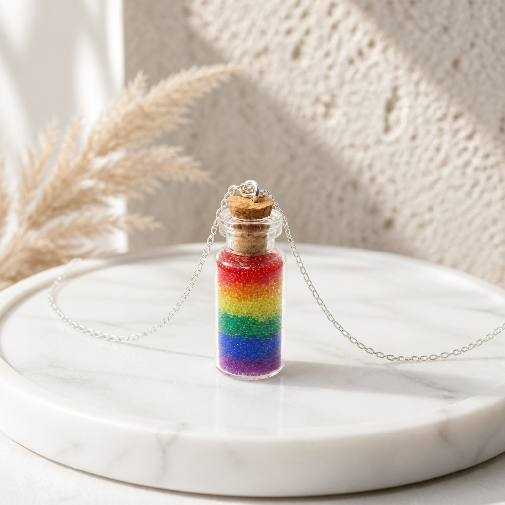 Rainbow pride bottle necklace with layered rainbow micro-beads inside tiny glass vial pendant on a marble surface