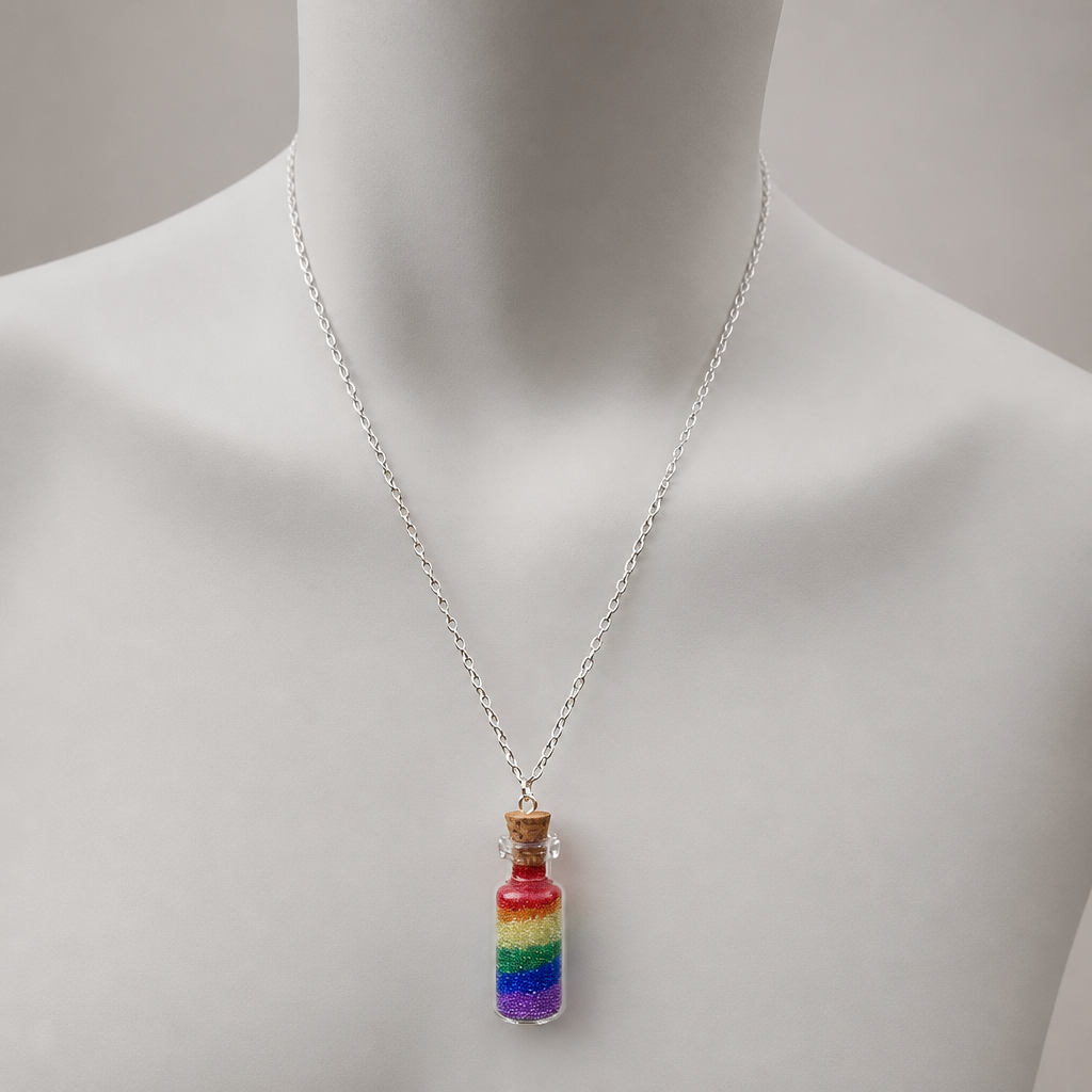 Rainbow Pride Bottle Necklace displayed on a neutral jewelry mannequin to show necklace size and length