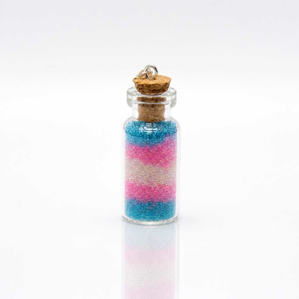 Trans pride bottle necklace with layered pink blue and white micro-beads inside tiny glass vial pendant