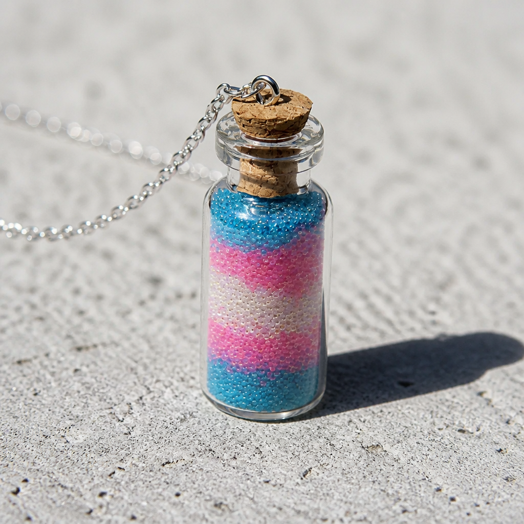 Trans pride bottle necklace with layered pink blue and white micro-beads inside tiny glass vial pendant on a concrete surface