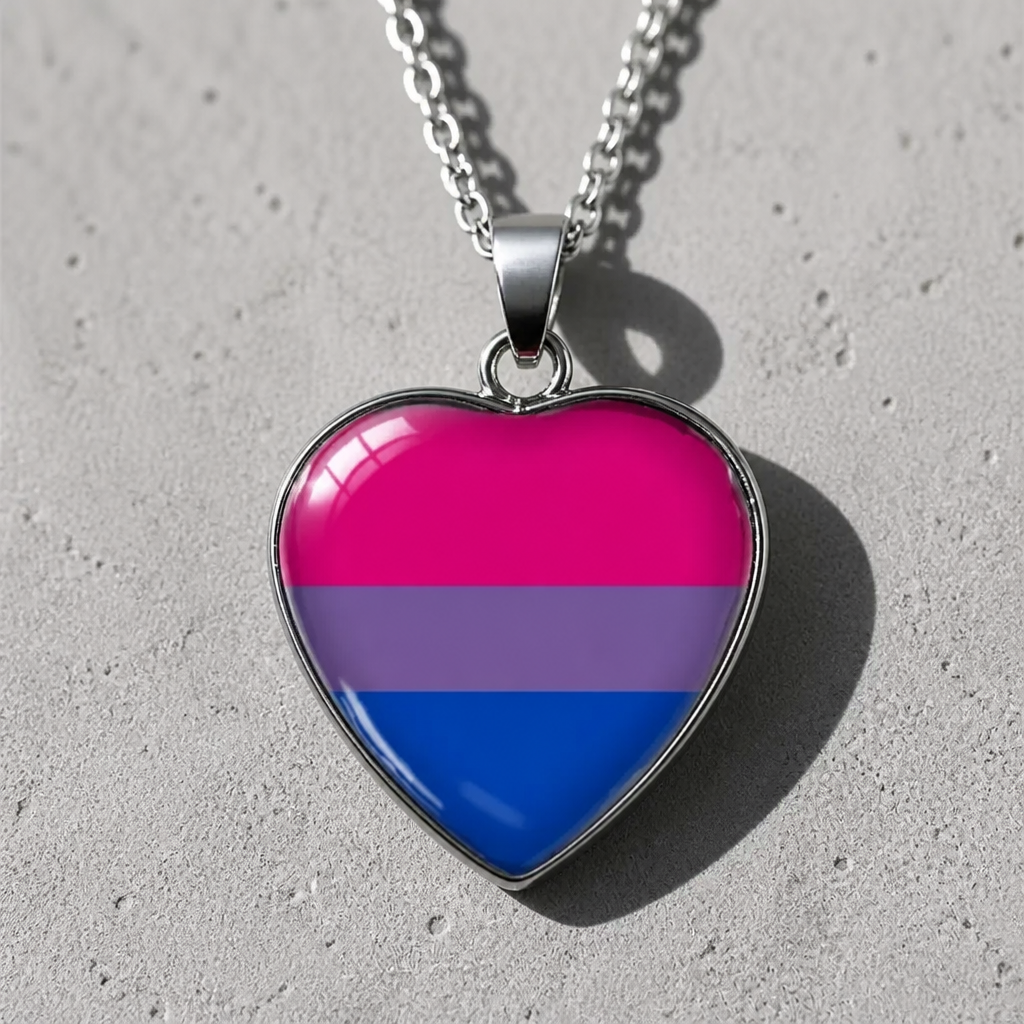 Bisexual Pride Heart Pendant Necklace with glossy heart pendant featuring the bisexual pride flag on a silver-tone chain on a cement surface