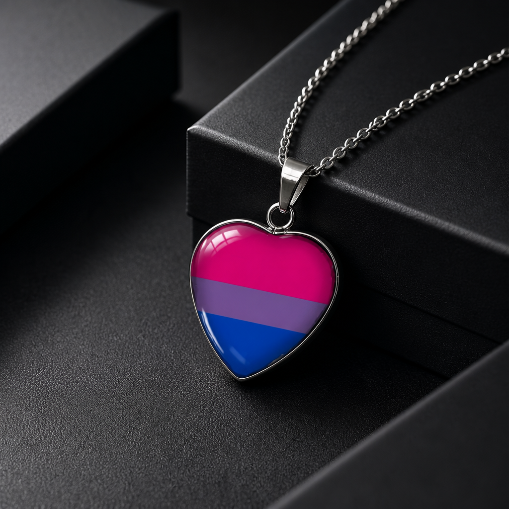 Bisexual Pride Heart Pendant Necklace with glossy heart pendant featuring the bisexual pride flag on a silver-tone chain on a black jewelry box