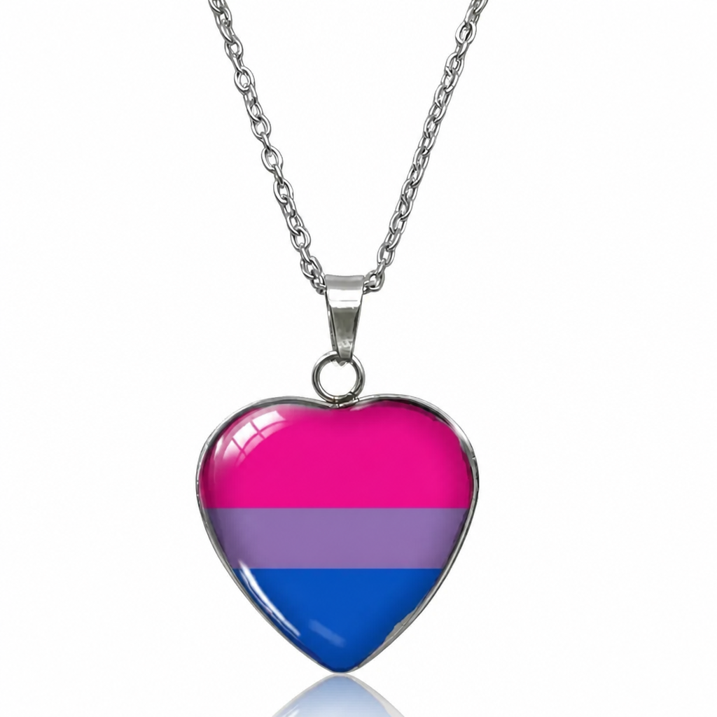 Bisexual Pride Heart Pendant Necklace with glossy heart pendant featuring the bisexual pride flag on a silver-tone chain