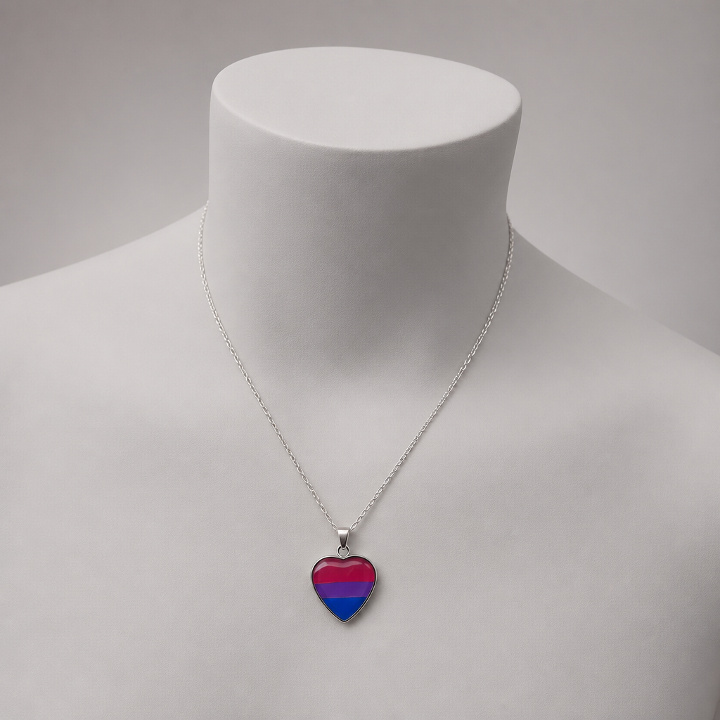 Bisexual Pride Heart Pendant Necklace displayed on a neutral jewelry mannequin to show necklace size and length