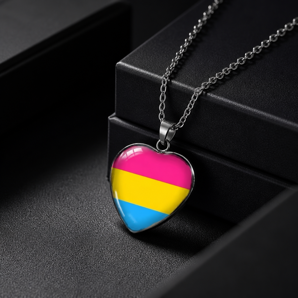 Pansexual Pride Heart Pendant Necklace with glossy heart pendant featuring the pansexual pride flag on a silver-tone chain on a black jewelry box