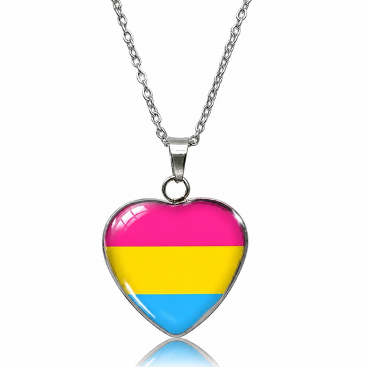 Pansexual Pride Heart Pendant Necklace with glossy heart pendant featuring the pansexual pride flag on a silver-tone chain