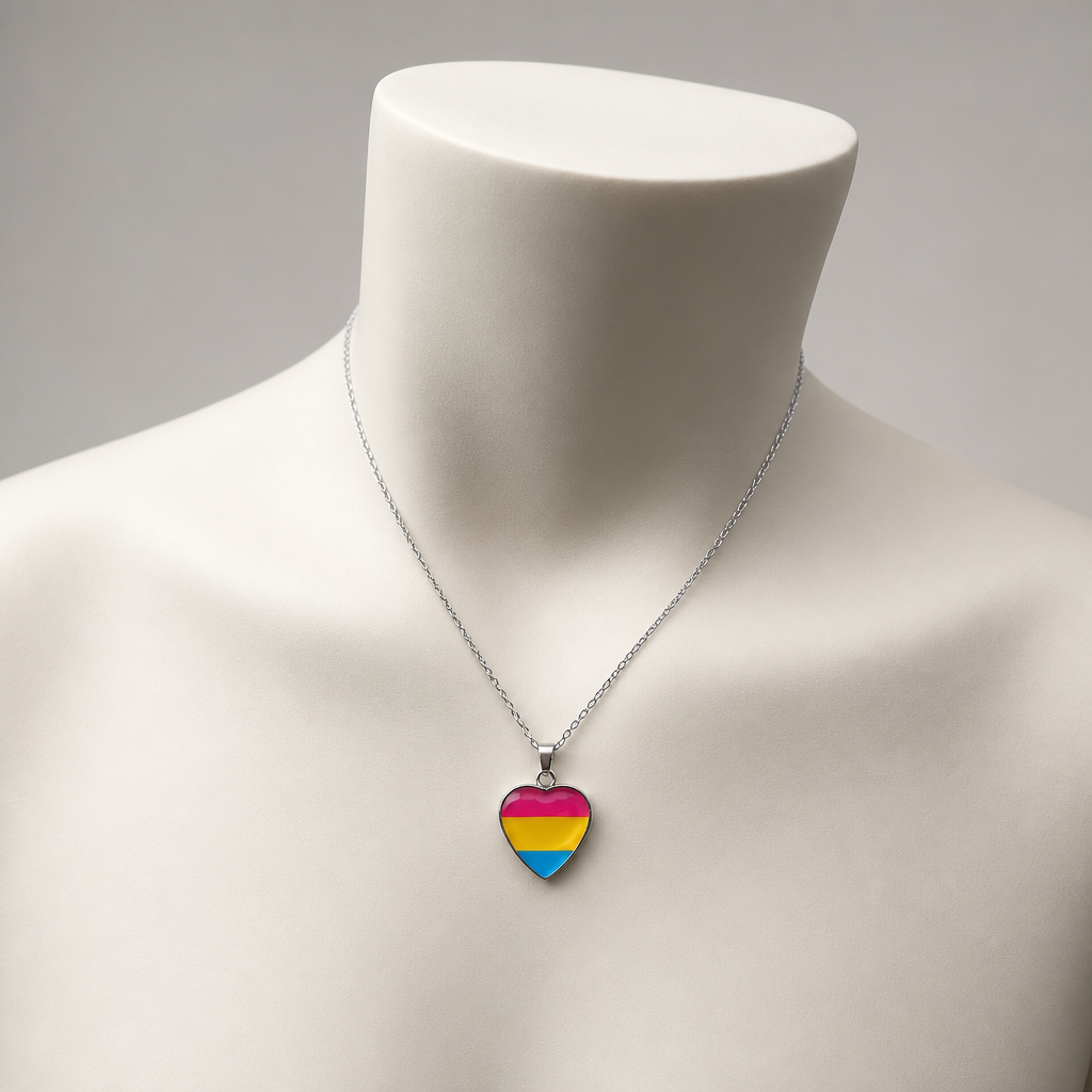 Pansexual Pride Heart Pendant Necklace displayed on a neutral jewelry mannequin to show necklace size and length
