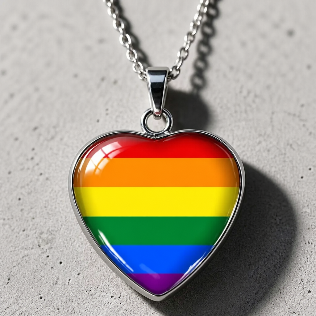 Rainbow Pride Heart Pendant Necklace with glossy heart pendant featuring the classic LGBTQ+ rainbow flag on a silver-tone chain on a cement surface
