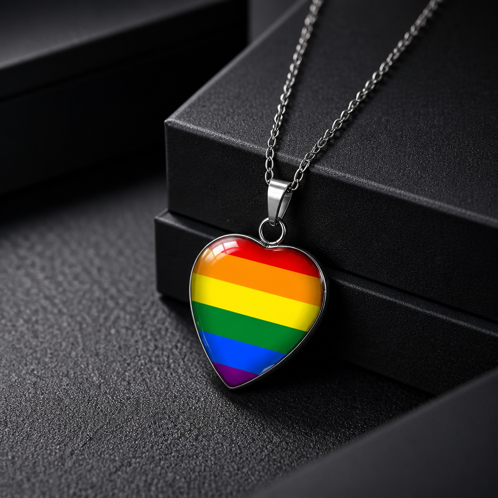 Rainbow Pride Heart Pendant Necklace with glossy heart pendant featuring the classic LGBTQ+ rainbow flag on a silver-tone chain on a black surface