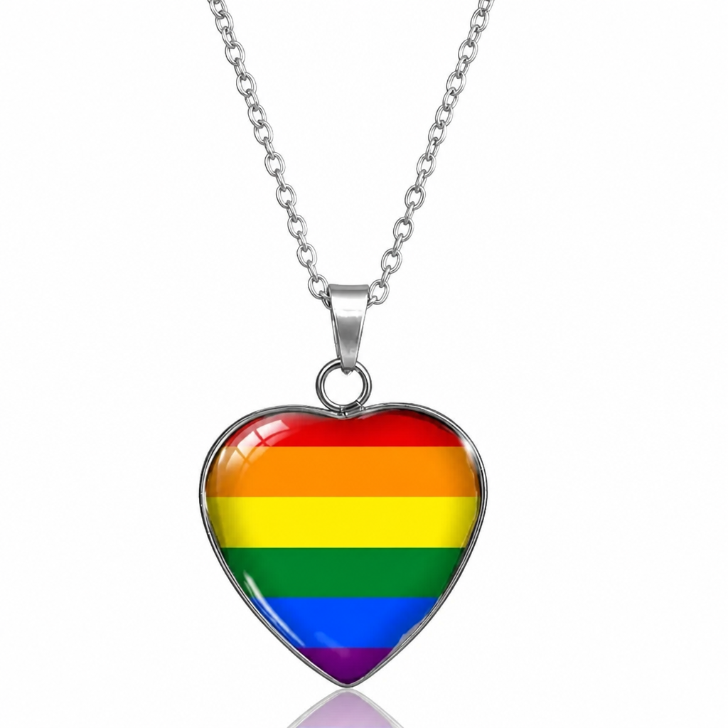 Rainbow Pride Heart Pendant Necklace with glossy heart pendant featuring the classic LGBTQ+ rainbow flag on a silver-tone chain