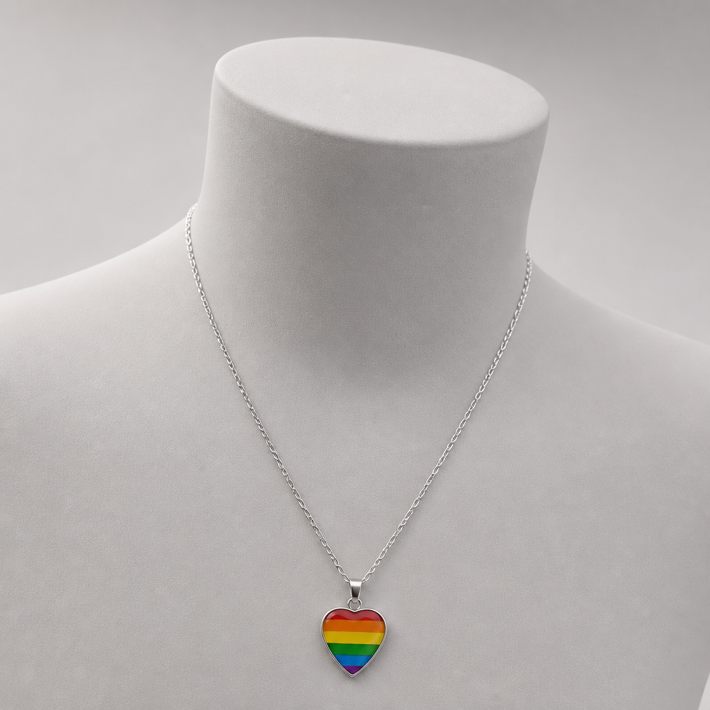Rainbow Pride Heart Pendant Necklace displayed on a neutral jewelry mannequin to show necklace size and length