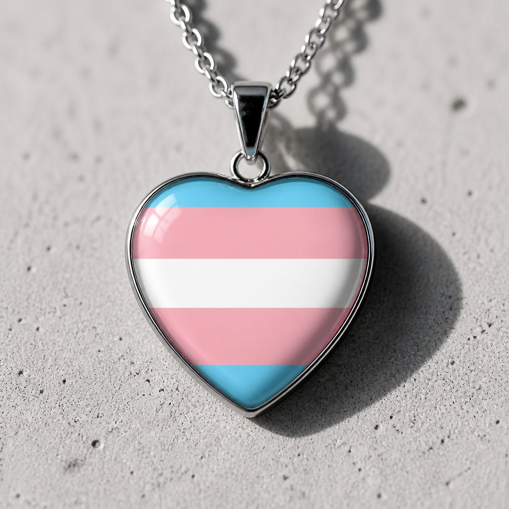 Transgender Pride Heart Pendant Necklace with glossy heart pendant featuring the transgender pride flag on a silver-tone chain on a cement surface