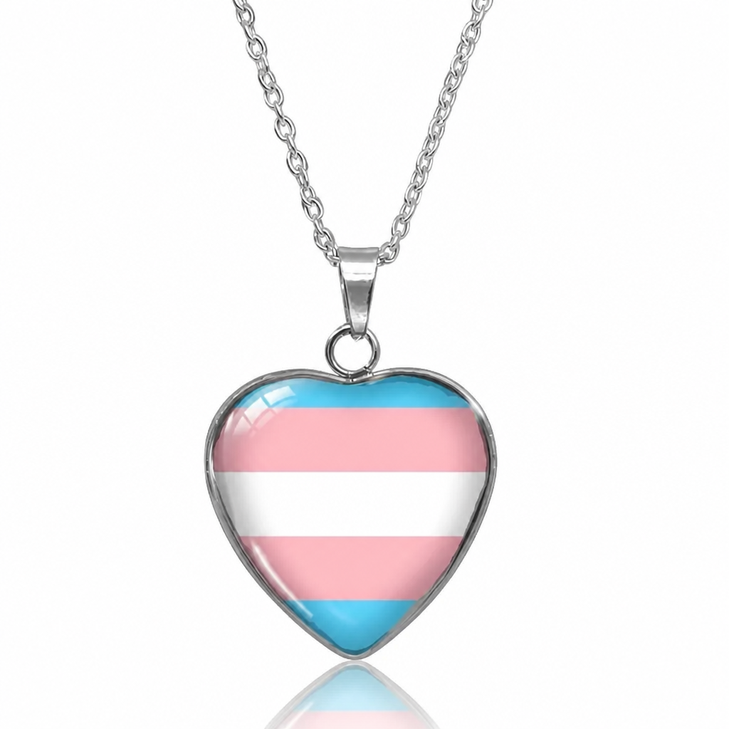 Transgender Pride Heart Pendant Necklace with glossy heart pendant featuring the transgender pride flag on a silver-tone chain
