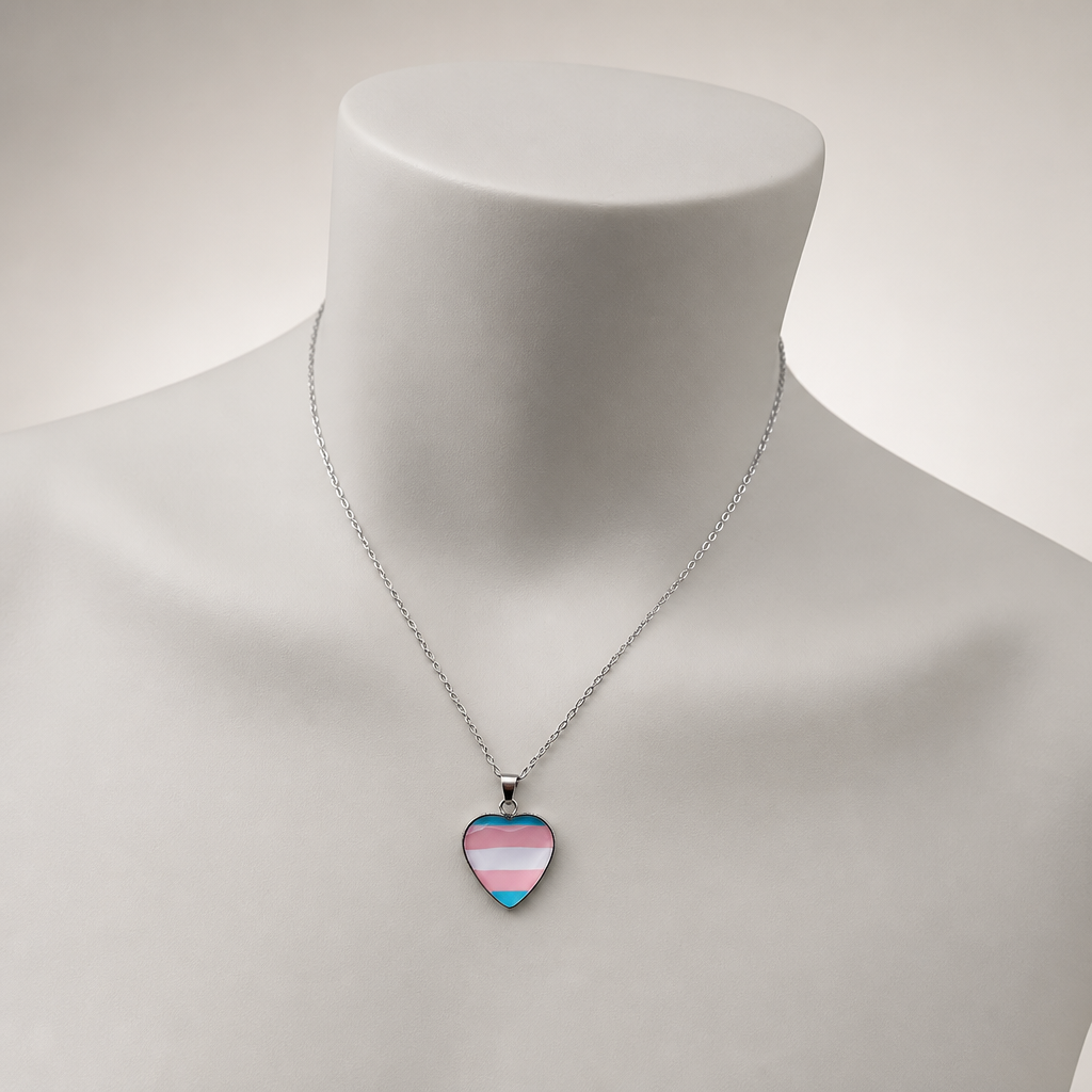 Transgender Pride Heart Pendant Necklace displayed on a neutral jewelry mannequin to show necklace size and length
