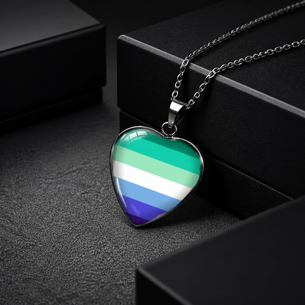 Men Loving Men Pride Heart Pendant Necklace with glossy heart pendant featuring the MLM pride flag on a silver-tone chain on a black surface