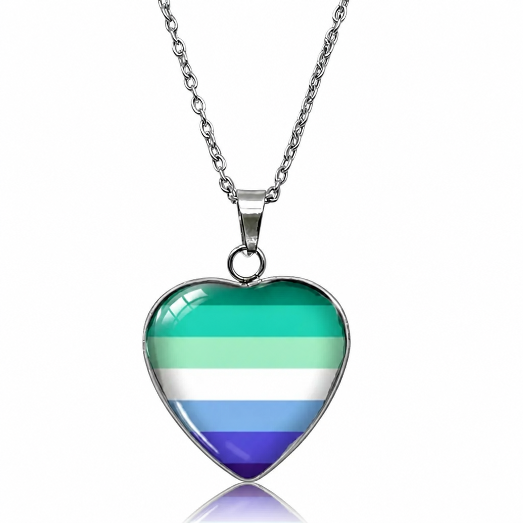 Men Loving Men Pride Heart Pendant Necklace with glossy heart pendant featuring the MLM pride flag on a silver-tone chain