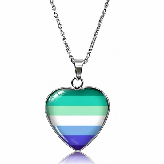 Men Loving Men Pride Heart Pendant Necklace with glossy heart pendant featuring the MLM pride flag on a silver-tone chain