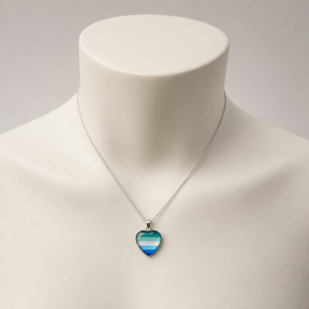 MLM Men Loving Men Pride Heart Pendant Necklace displayed on a neutral jewelry mannequin to show necklace size and length