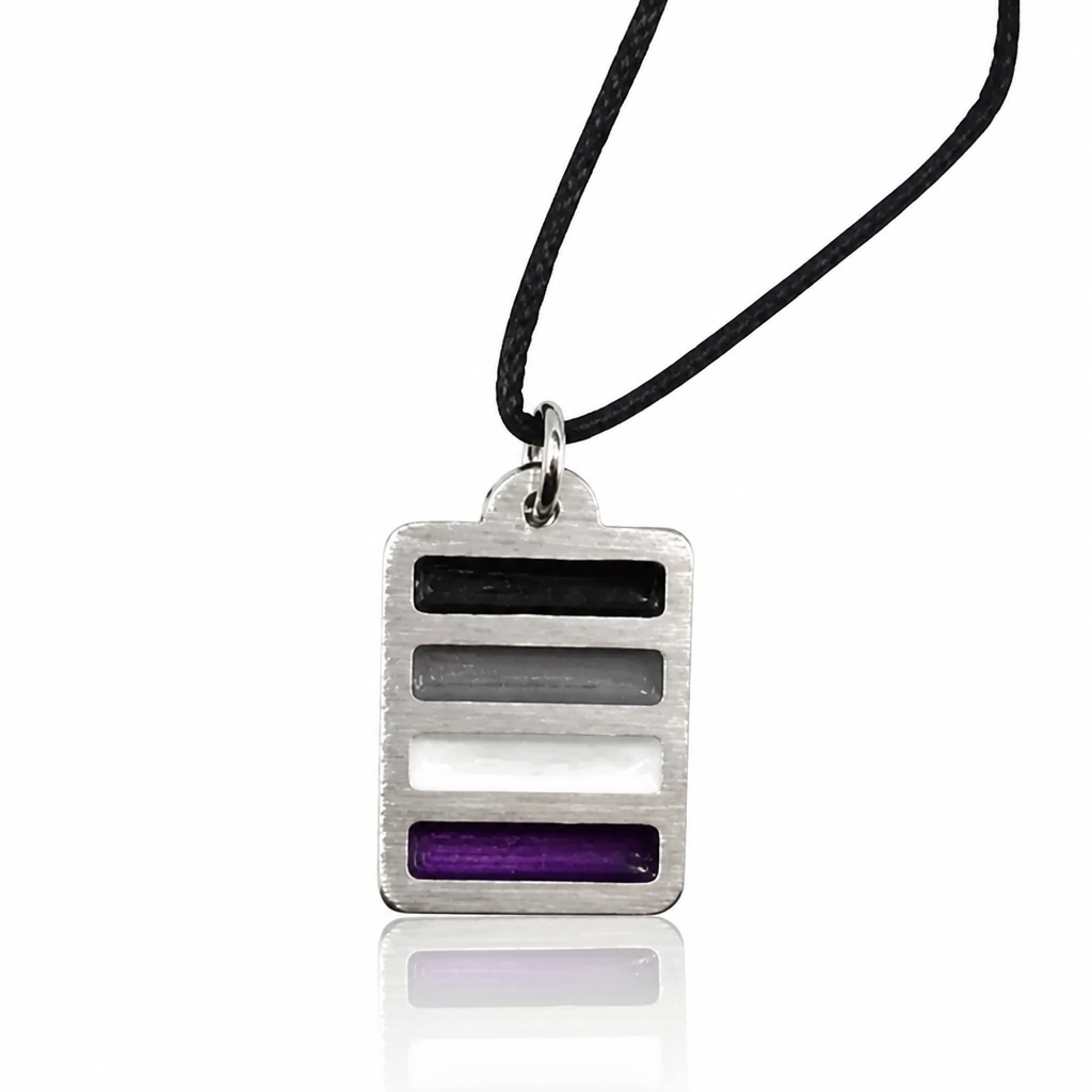 Handcrafted pewter pendant featuring the Asexual Pride flag in a modern geometric design on an adjustable black cord