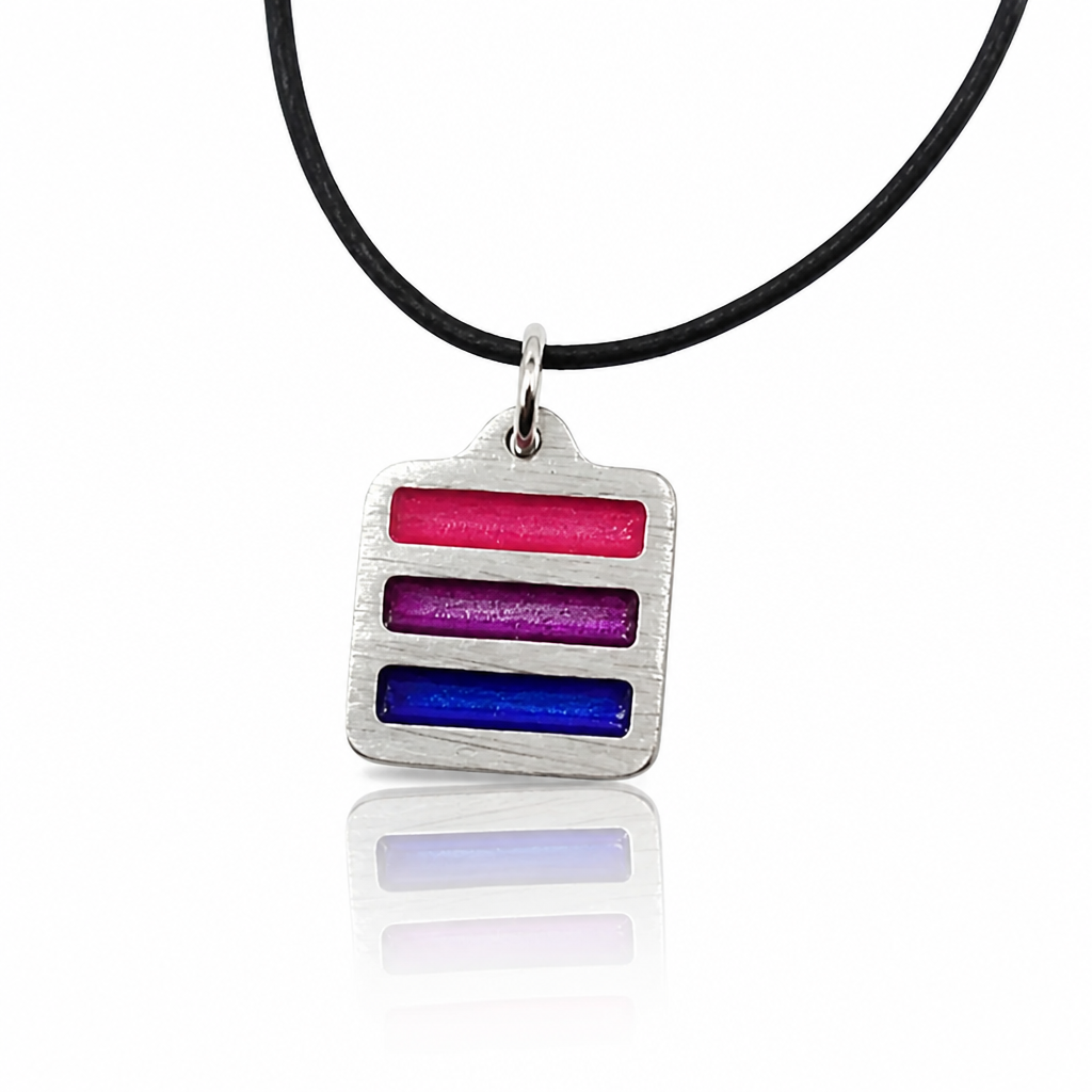 Handcrafted pewter pendant featuring the Bisexual Pride flag in a modern geometric design on an adjustable black waxed cord