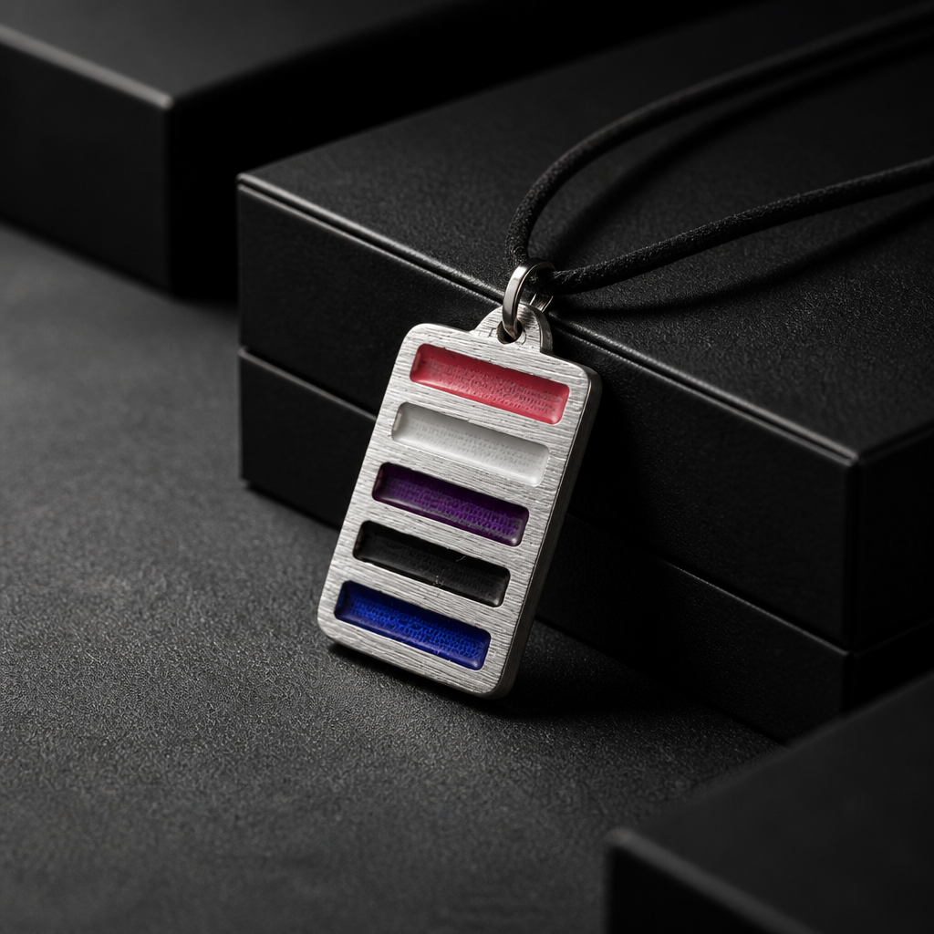 Handcrafted pewter pendant featuring the Genderfluid Pride flag in a modern geometric design on an adjustable black waxed cord on a black jewelry box