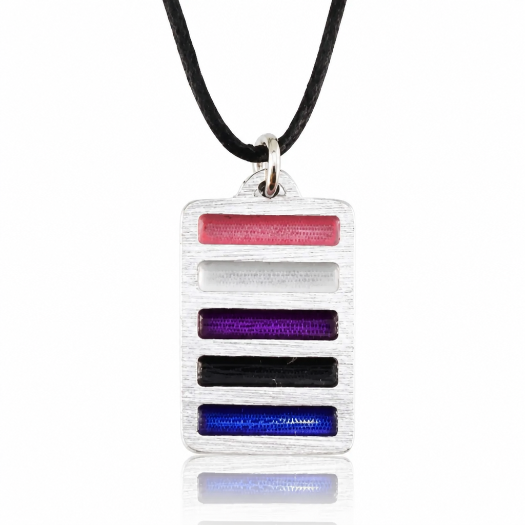 Handcrafted pewter pendant featuring the Genderfluid Pride flag in a modern geometric design on an adjustable black waxed cord
