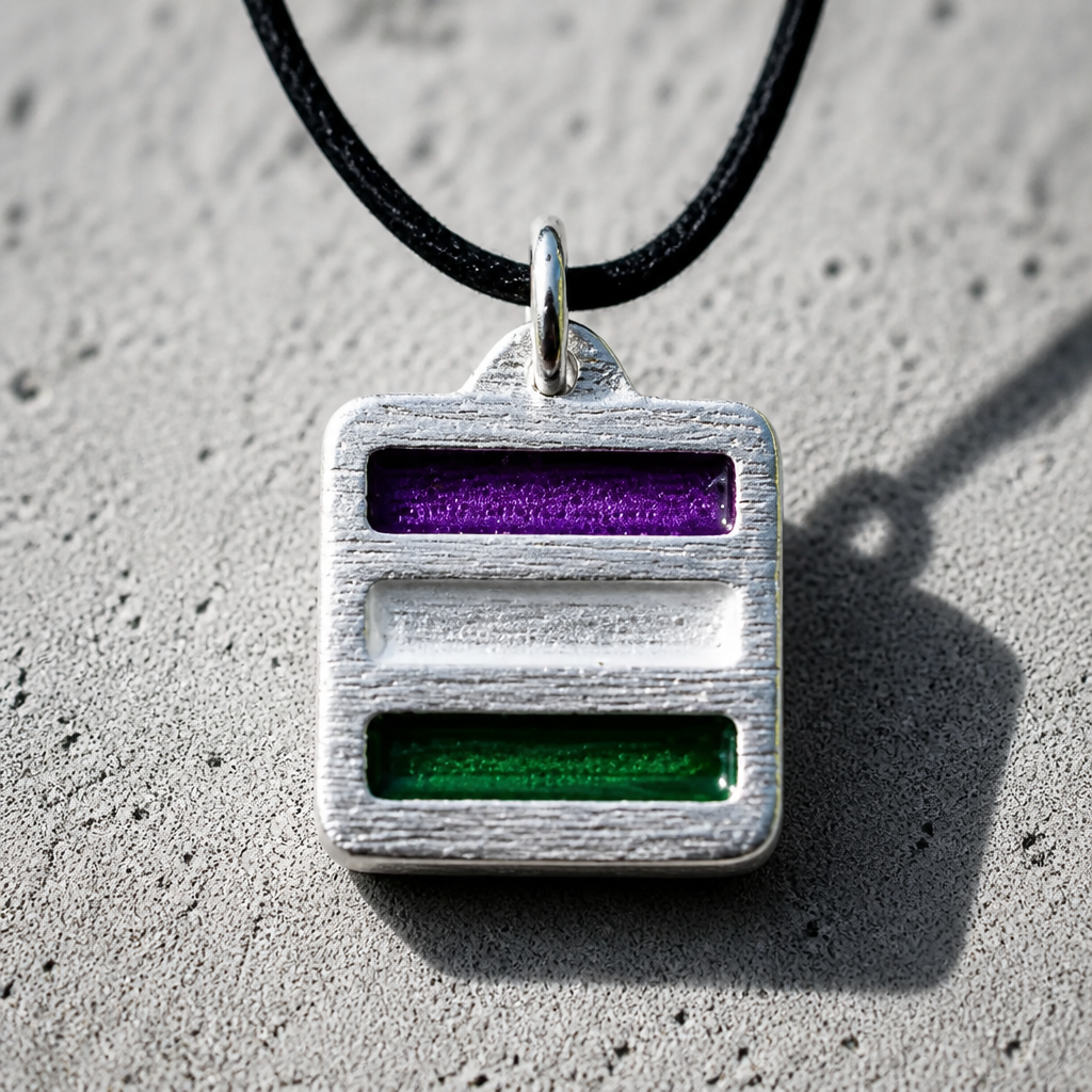 Handcrafted pewter pendant featuring the Genderqueer Pride flag in a modern geometric design on an adjustable black waxed cord on a cement surface