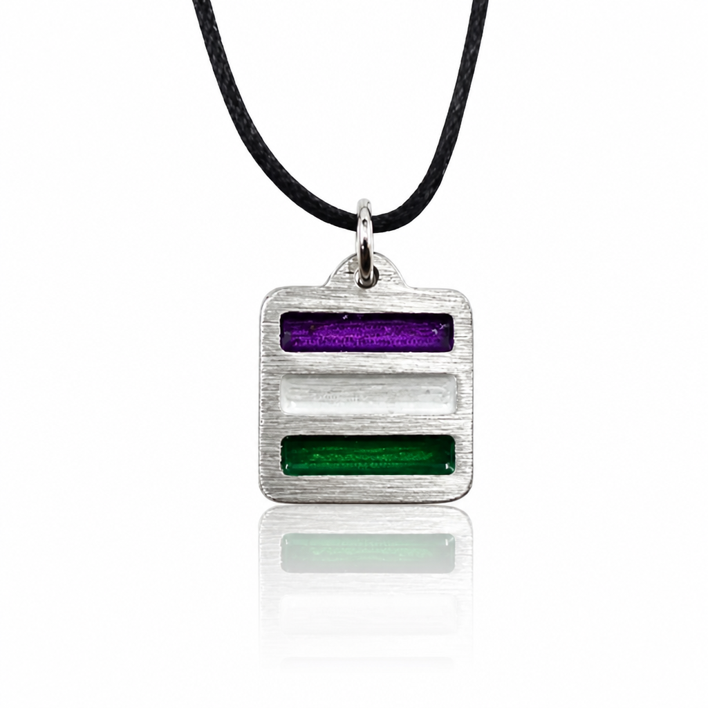 Handcrafted pewter pendant featuring the Genderqueer Pride flag in a modern geometric design on an adjustable black waxed cord