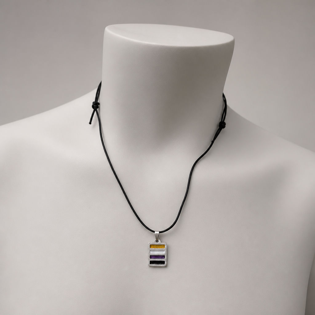 Artisan Nonbinary Pride Pewter Pendant displayed on a neutral jewelry mannequin to show necklace size and length