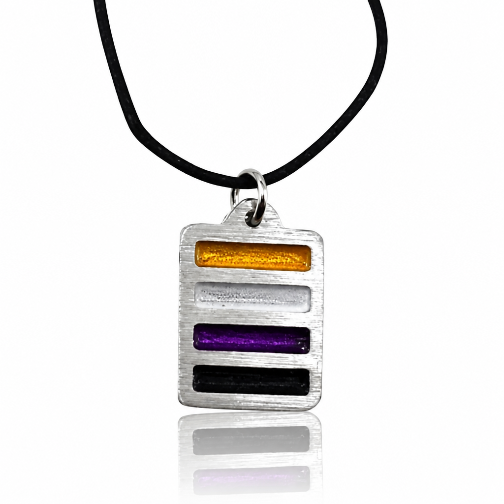 Handcrafted pewter pendant featuring the Nonbinary Pride flag in a contemporary geometric design on an adjustable black waxed cord