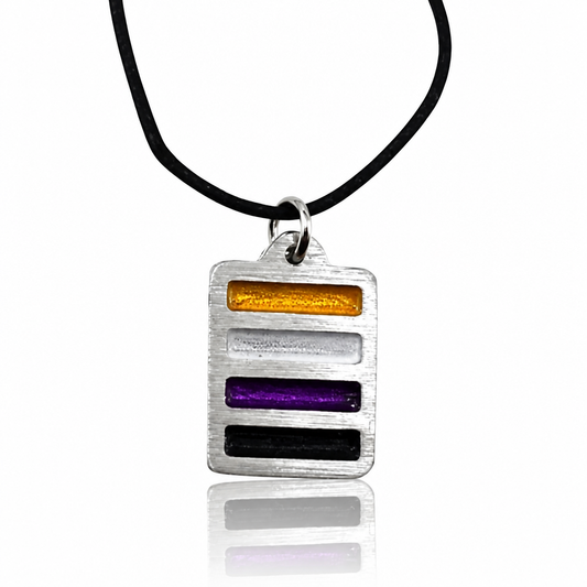 Handcrafted pewter pendant featuring the Nonbinary Pride flag in a contemporary geometric design on an adjustable black waxed cord