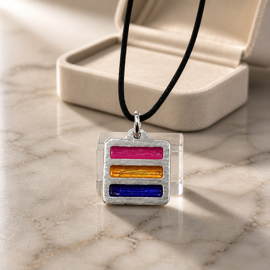 Handcrafted pewter pendant featuring the Pansexual Pride flag in a contemporary geometric design on an adjustable black waxed cord on a marble surface