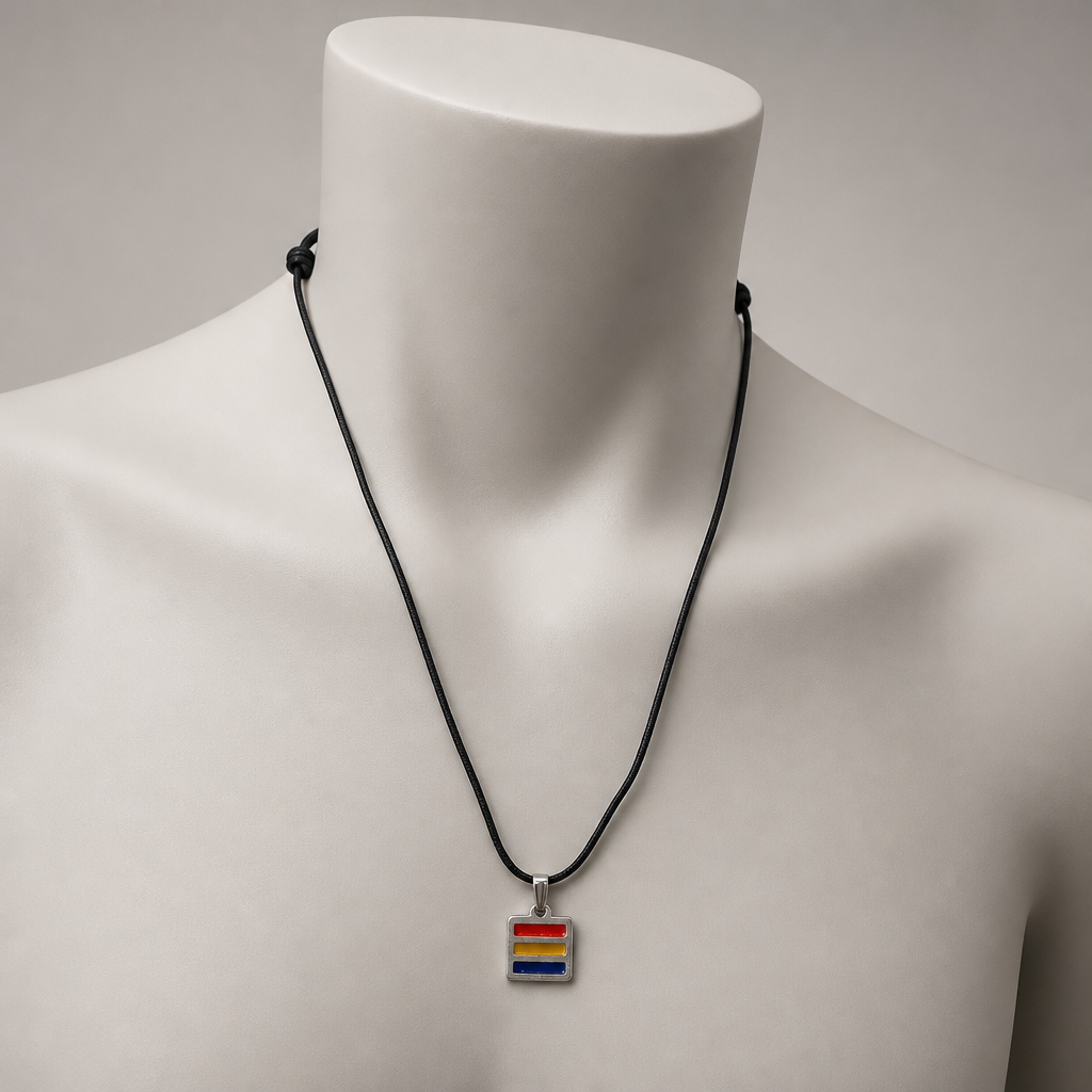 Artisan Pansexual Pride Pewter Pendant displayed on a neutral jewelry mannequin to show necklace size and length