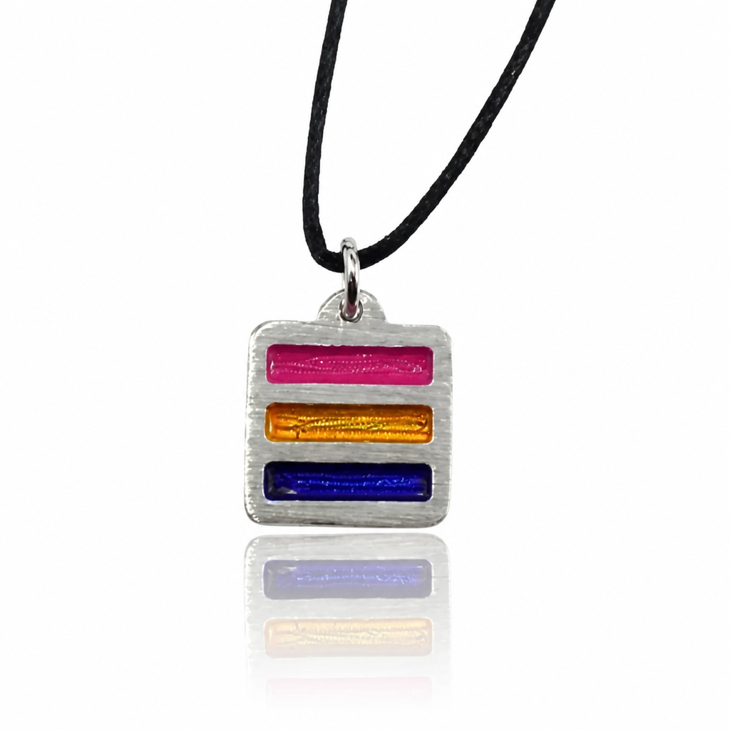 Handcrafted pewter pendant featuring the Pansexual Pride flag in a contemporary geometric design on an adjustable black waxed cord