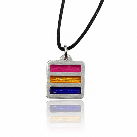 Handcrafted pewter pendant featuring the Pansexual Pride flag in a contemporary geometric design on an adjustable black waxed cord