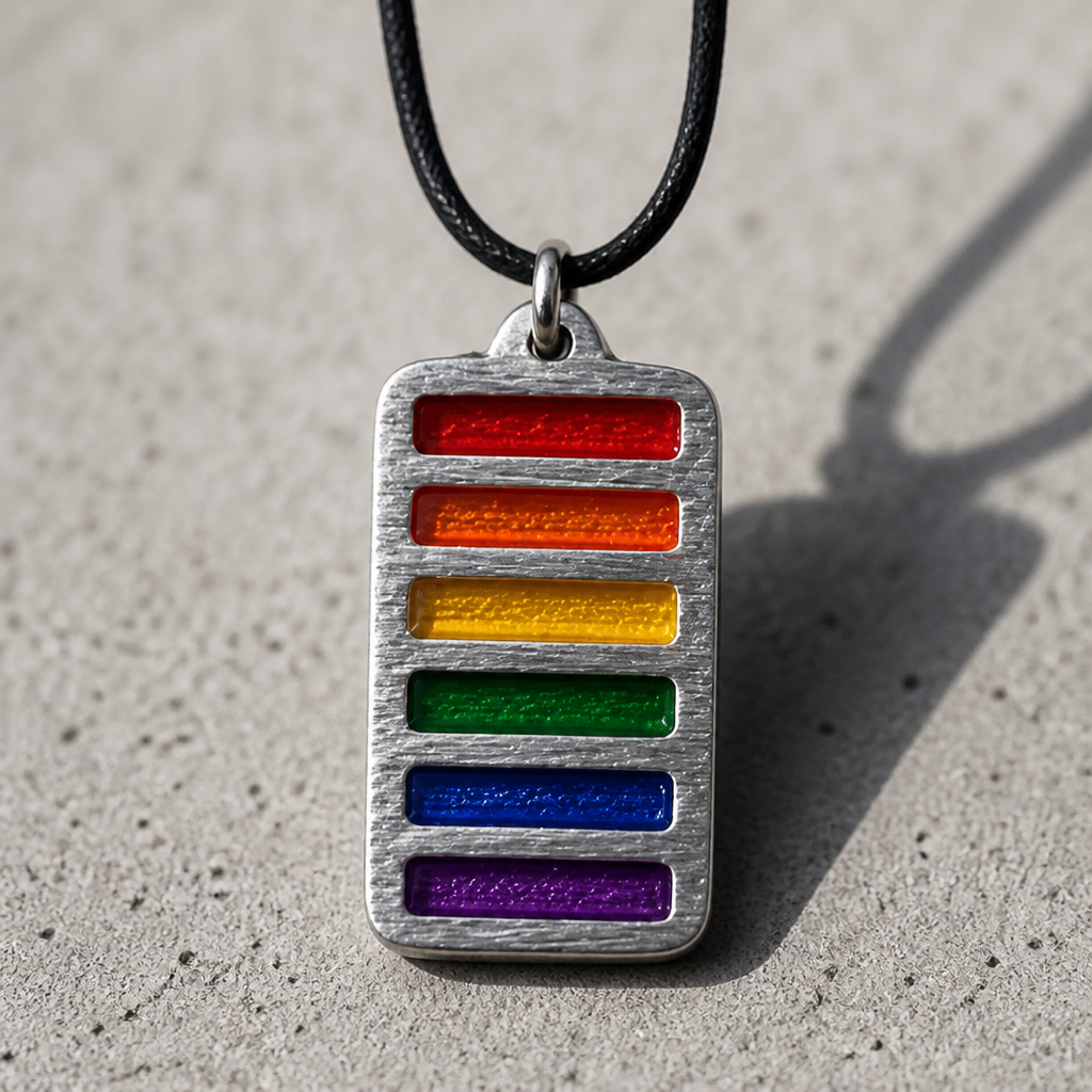 Handcrafted pewter pendant featuring the classic Rainbow Pride flag in a contemporary tag-style design on an adjustable black waxed cord on a concrete surface