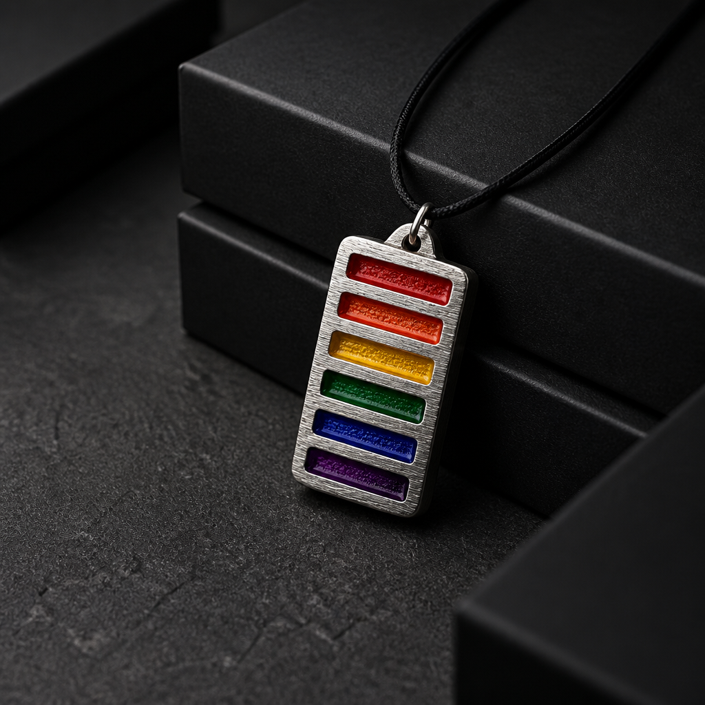 Handcrafted pewter pendant featuring the classic Rainbow Pride flag in a contemporary tag-style design on an adjustable black waxed cord on a black jewelry box