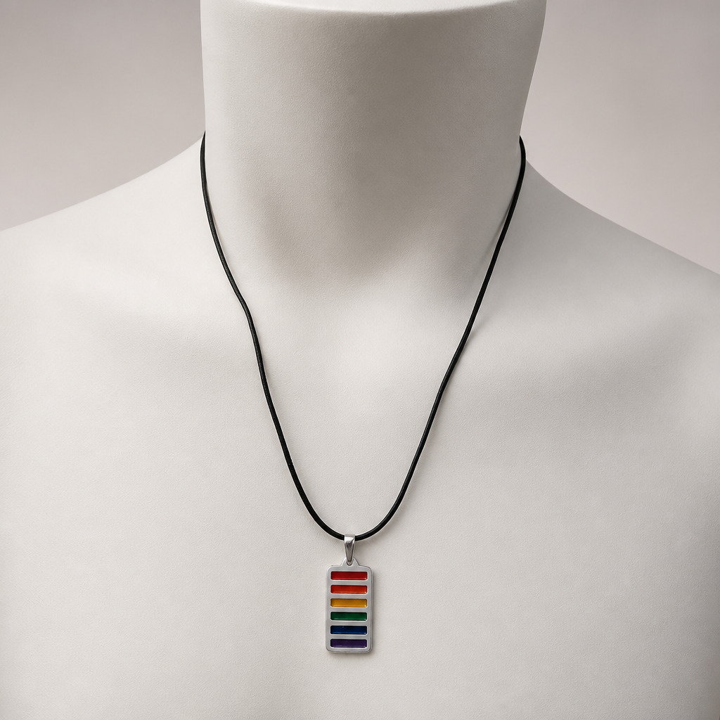 Artisan Rainbow Pride Pewter Pendant displayed on a neutral jewelry mannequin to show necklace size and length
