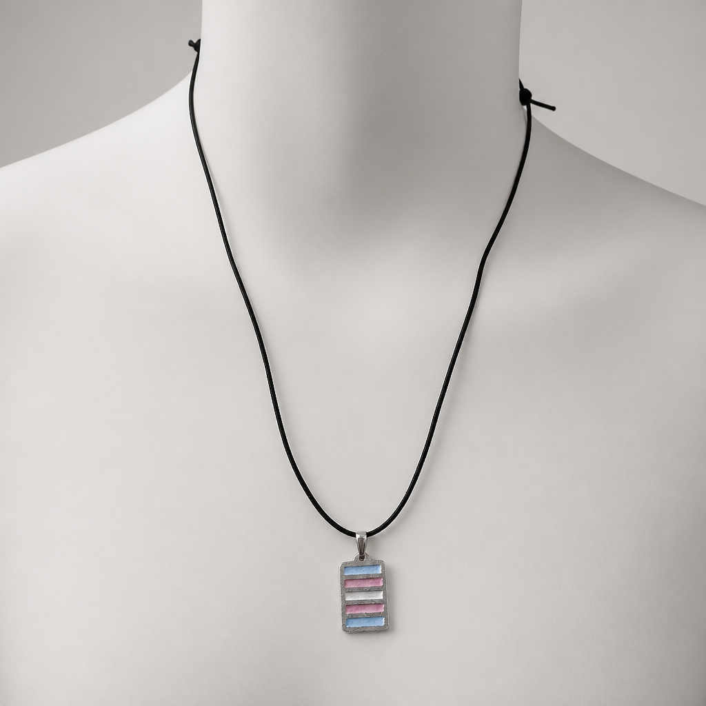 Artisan Transgender Pride Pewter Pendant displayed on a neutral jewelry mannequin to show necklace size and length