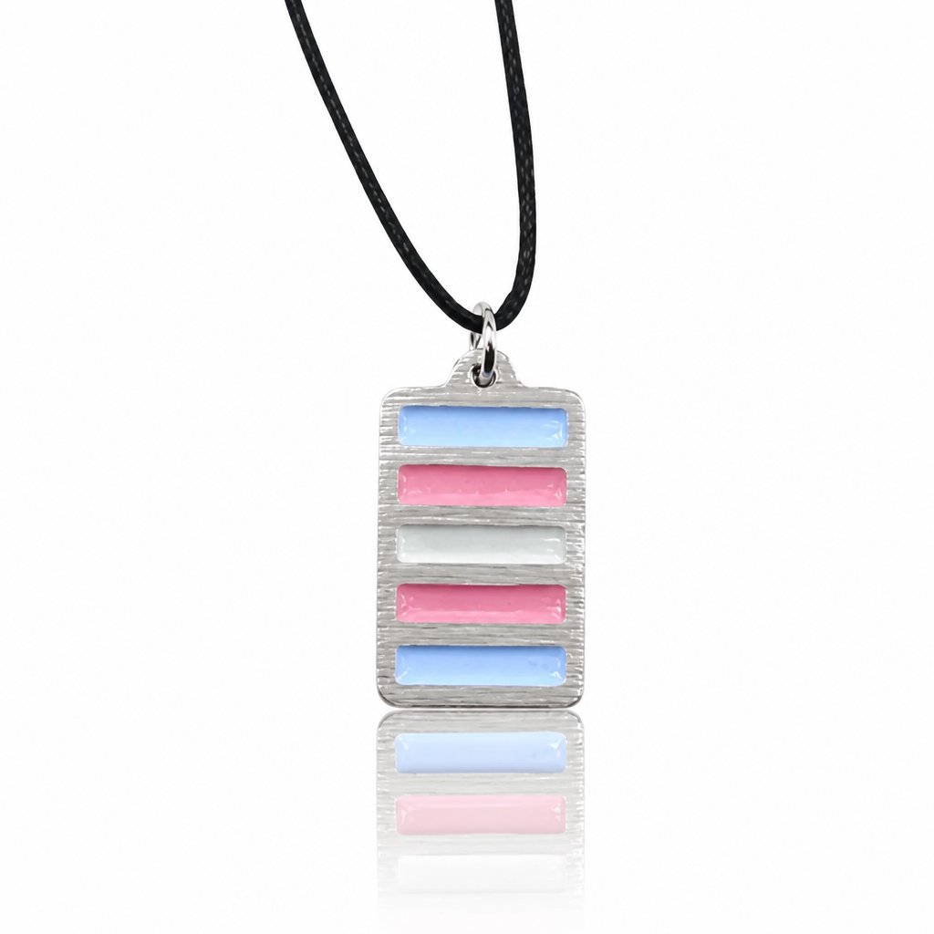 Handcrafted pewter pendant featuring the Transgender Pride flag in a contemporary geometric design on an adjustable black waxed cord