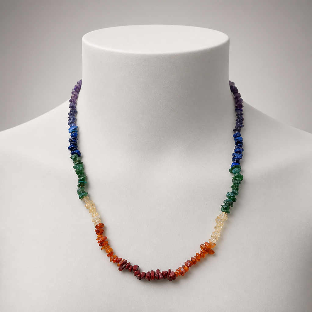 Artisan Chakra Gemstone Necklace displayed on a neutral jewelry mannequin to show necklace size and length