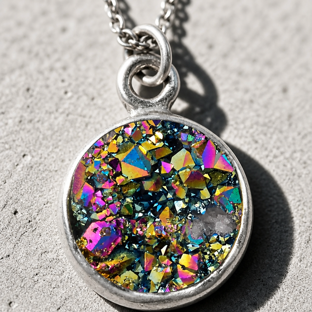 Small iridescent natural stone circle pendant necklace with shimmering rainbow-like crystal colors in a silver-tone setting on a concrete surface