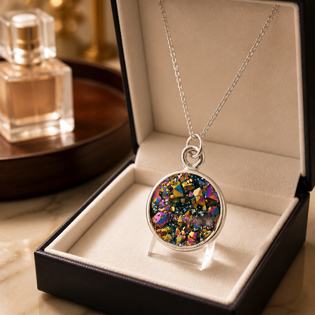 Small iridescent natural stone circle pendant necklace with shimmering rainbow-like crystal colors in a silver-tone setting in a jewelry box