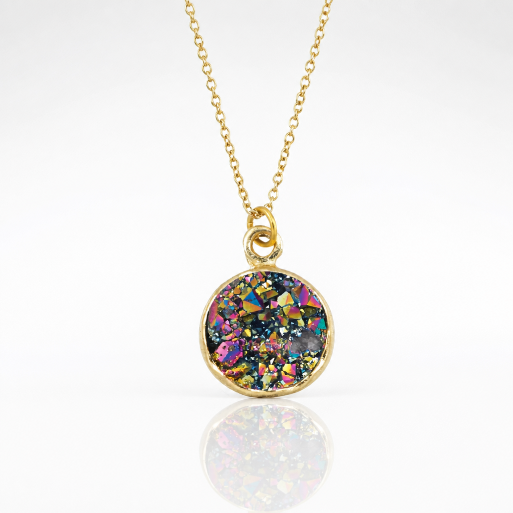 Gold-tone necklace featuring a round iridescent natural stone pendant with shimmering rainbow-like crystal reflections.