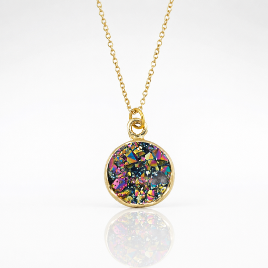 Gold-tone necklace featuring a round iridescent natural stone pendant with shimmering rainbow-like crystal reflections.