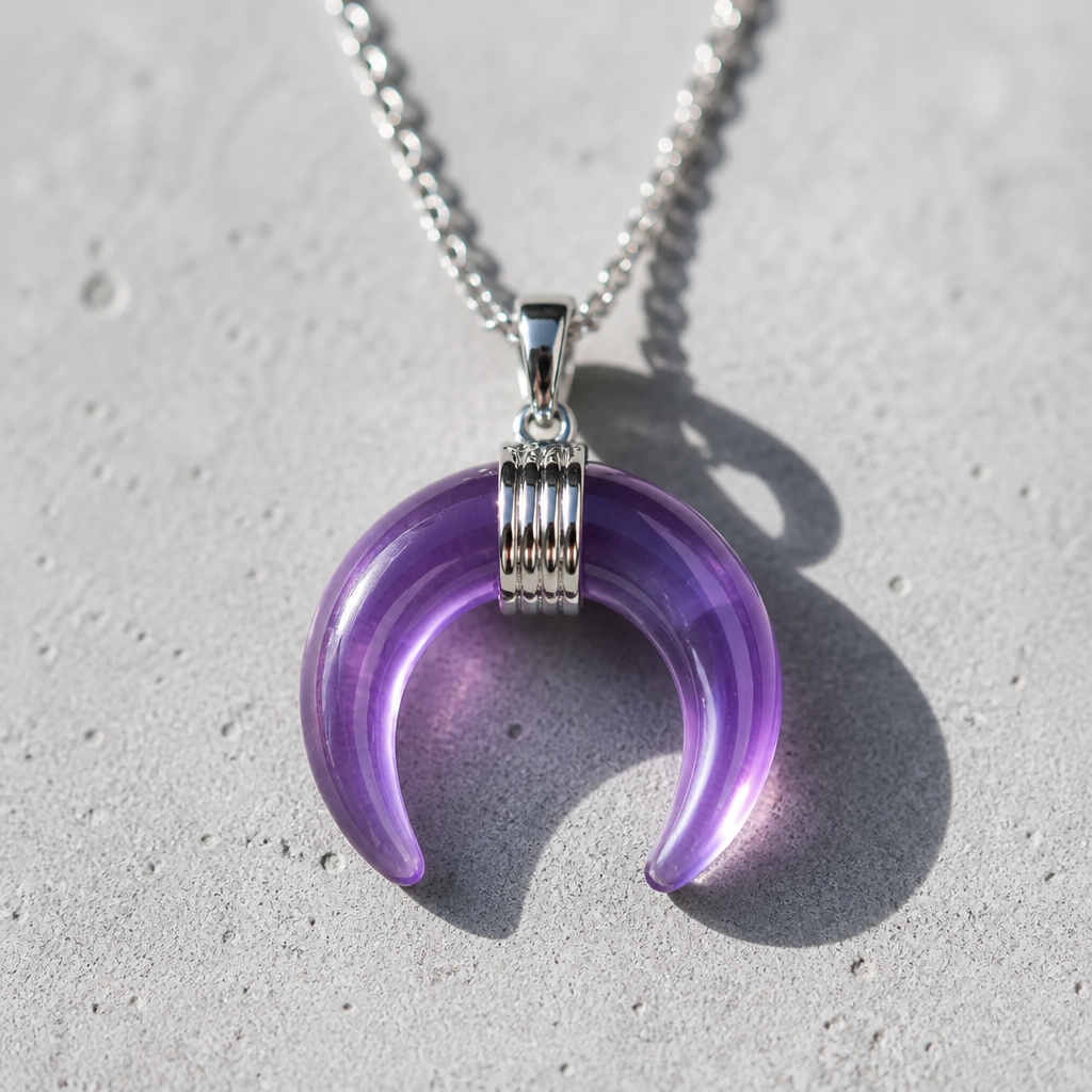 Silver-tone necklace featuring a polished genuine amethyst crescent moon pendant on a delicate chain on a concrete background